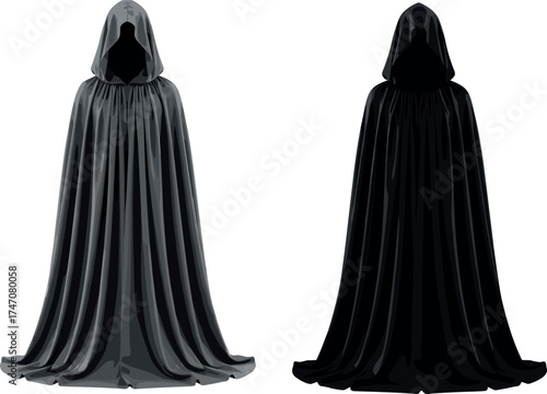 Hooded cloak illustration, dark and gray robes, faceless mysterious figures, fantasy costume design, gothic fashion concept, dramatic draped fabric artwork