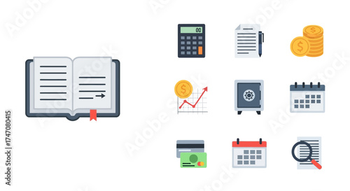 Financial and accounting icons representing business and investment concepts.