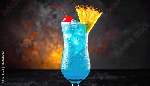Vibrant blue cocktail with pineapple garnish and cherry against a dark background