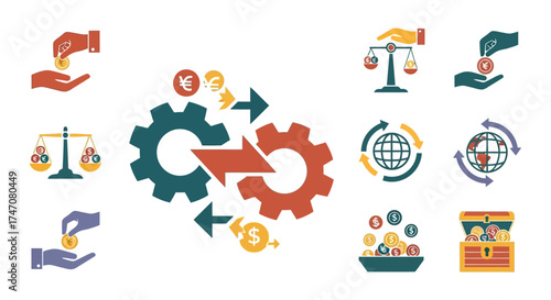 Financial gears of exchange and global business transactions.