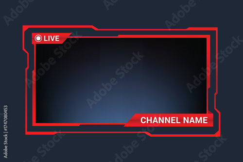 Vector art of modern red live streaming overlay template with channel name for online video platform