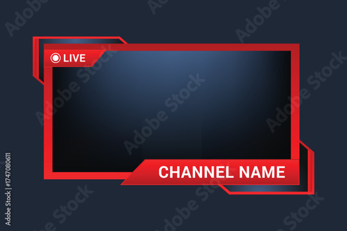 Vector art of red live streaming overlay template with channel name for online video platform
