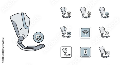 Futuristic robotic leg with gear icon representing technology and innovation.