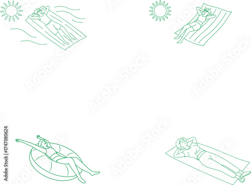 Summer Relaxation and Leisure Line Art Set - Vacation, Hammock, and Water Floating Illustrations