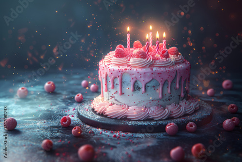 Birthday cake, biscuit. Happy birthday card. Ai generative art, illustration.
