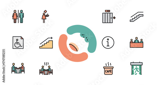 Hand drawn public facility and wayfinding icon set collection.
