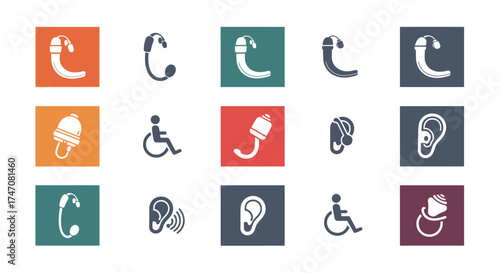 Hearing aid icons representing different types and accessibility symbols.