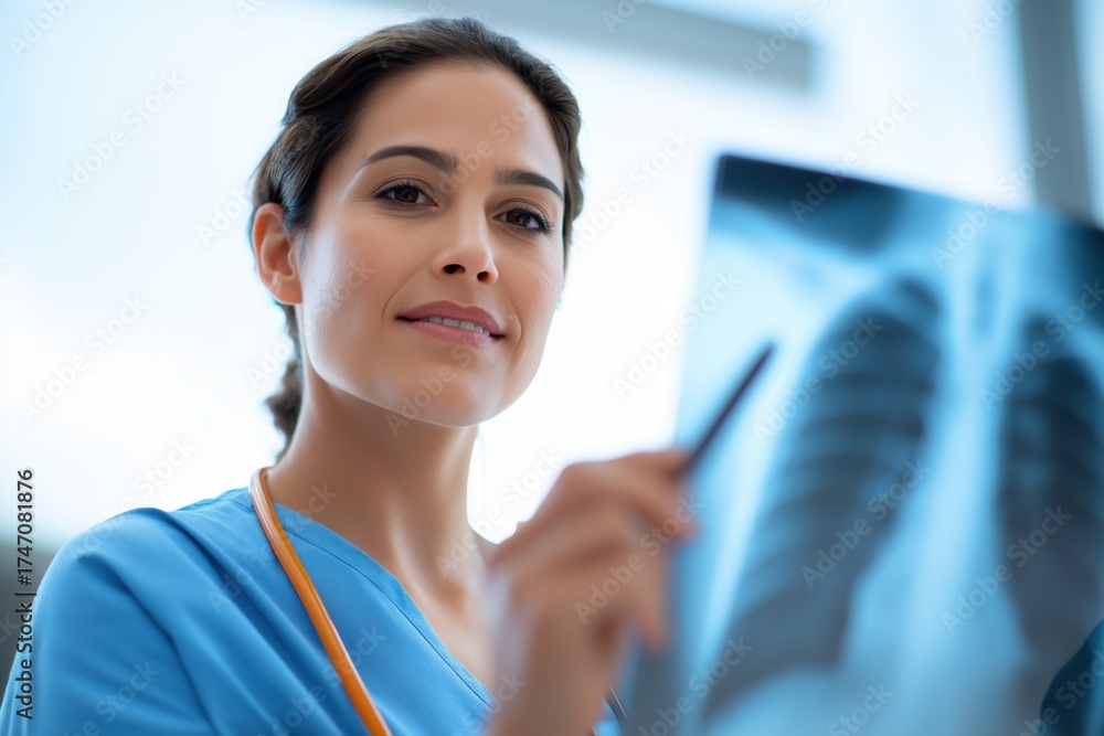Fototapeta premium Female Doctor Examining a Chest X-ray in a Hospital