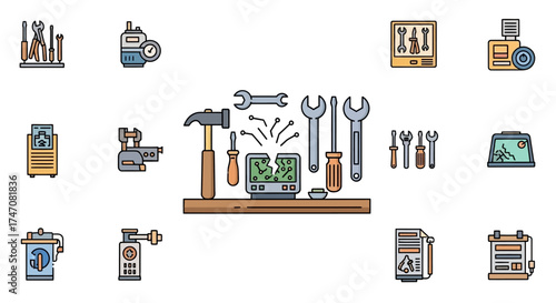 Illustrated Set of Mechanic and Repair Tools on White Background.