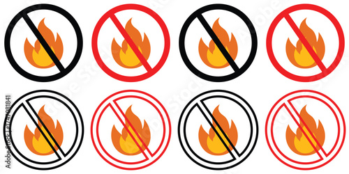 "No Fire Prohibition Sign Icon – Red Circle Slash Flame Symbol Vector, Safety & Warning Illustration"