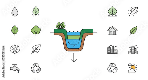 Illustration of a bioswale for sustainable water management and urban greening.