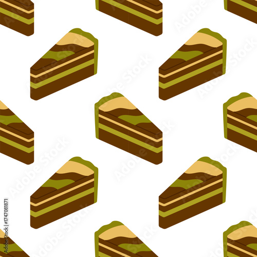 Vector seamless pattern with Dubai chocolate pistachio cake slices isolated on white. Sweet dessert food background illustration for cafe, bakery, menu, branding, wrapping.