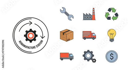 Industrial Remanufacturing Station with Gears and Recycling Symbol.