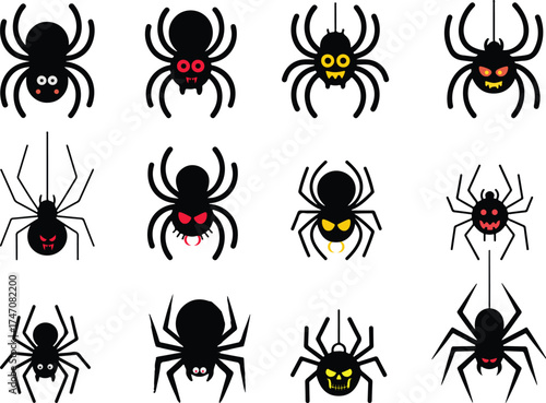 Scary Halloween Spiders Set in Flat Vector Style