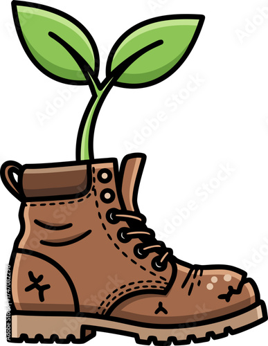 A green sprout emerges from an old work boot, symbolizing growth, new life, and opportunities after losing a job due to automation.