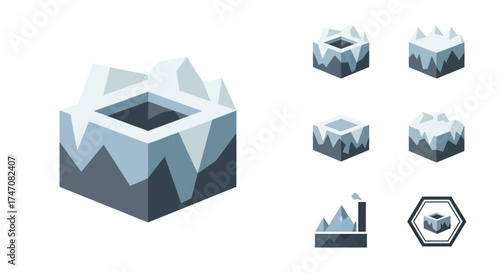 Isometric Ice Block and Icon Set for Game Design.