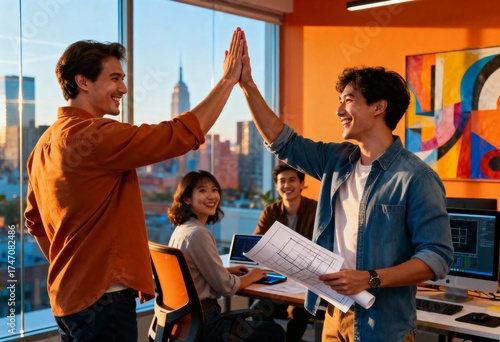 Creative team celebrating success in a colorful modern office with city views at sunset. Two colleagues share a high-five while others smile, creating an energetic and inspiring atmosphere. 
