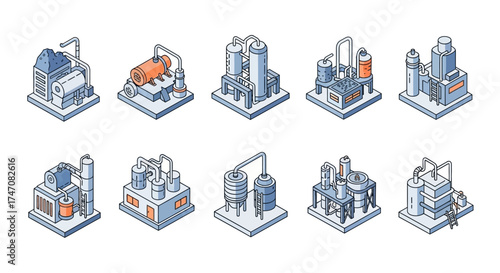 Isometric industrial buildings and factories for manufacturing and production.