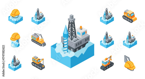 Isometric Industrial Construction and Oil Rig Set.