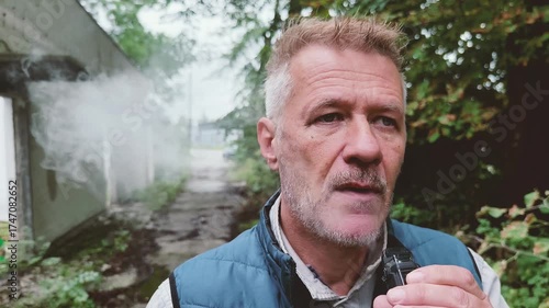 Man is vaping, using e cigarette while walking outdoors