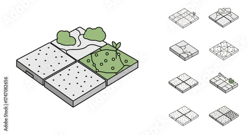 Isometric map constructor tiles with nature and city elements.