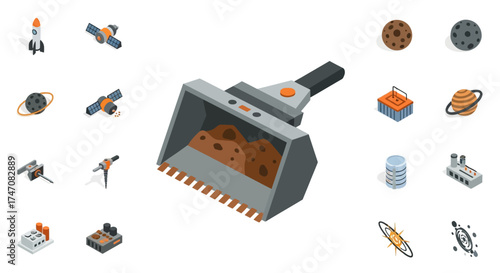 Isometric Space Mining Loader with Resources, Planets, and Spacecraft.