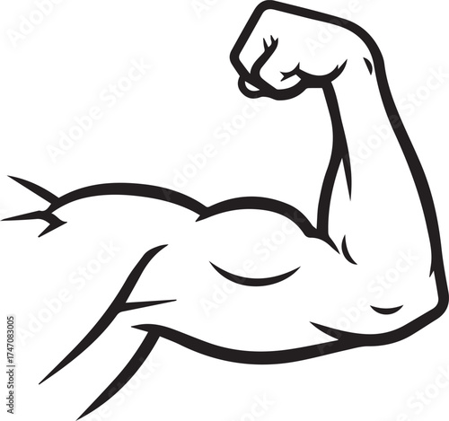 Illustration of a muscular arm flexing in a black and white style graphic art. Vector illustration