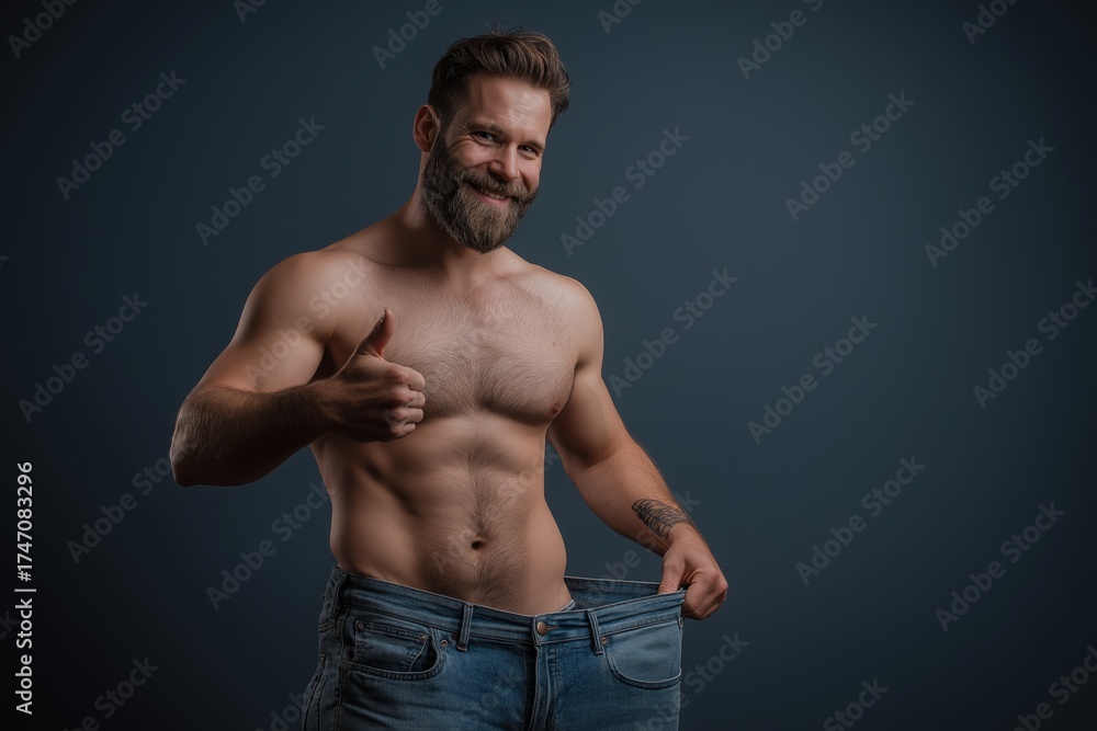Obraz premium Happy Muscular Man Showing His Weight Loss Progress