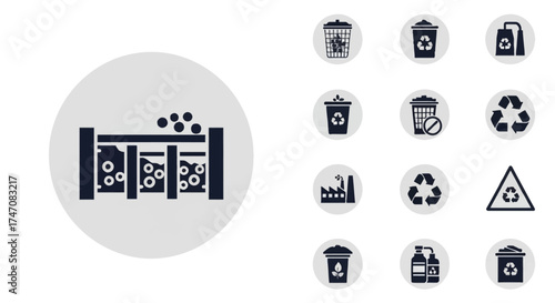 Laboratory test tubes with bubbling liquids and small spheres in a rack with recycling and waste icons.