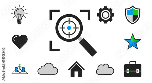 Magnifying Glass with Target Icon and Surrounding Digital Symbols.