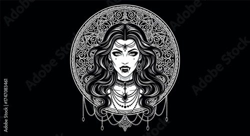Mystical gothic vampire woman, ornate jewelry design, fantasy character art, black and blue illustration, intense gaze, dark beauty, ornamental headpiece