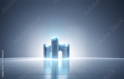 Digital fortress protecting sensitive data, representing cybersecurity, information infrastructure, and strong internet security systems with glowing abstract walls
