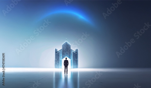 Businessman looking at a modern digital architecture building, representing secure data storage, blockchain network, advanced technology, and future cybersecurity solutions