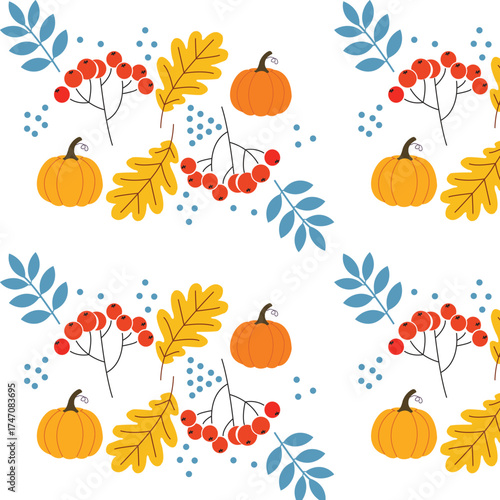 Seamless autumn pattern with orange pumpkins, yellow oak leaves, red rowan berries, and blue-gray leaves on a white background