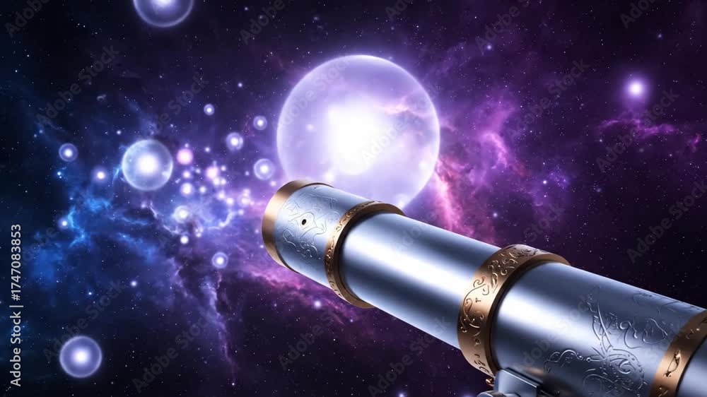 Telescope pointed toward a colorful nebula in deep space illustration