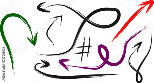 Hand Drawn Arrows Variety of Styles and Colors on White Background