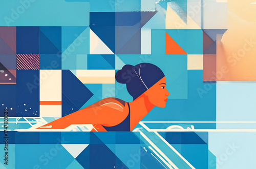 Female swimmer powering through turquoise water, dynamic modern vector illustration capturing athletic determination, speed and healthy active lifestyle in a vibrant geometric style