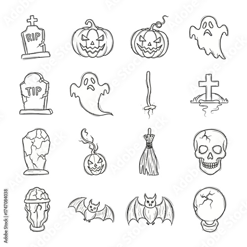 Halloween doodles: tombstone, pumpkin, ghost, bat, skull, dress.