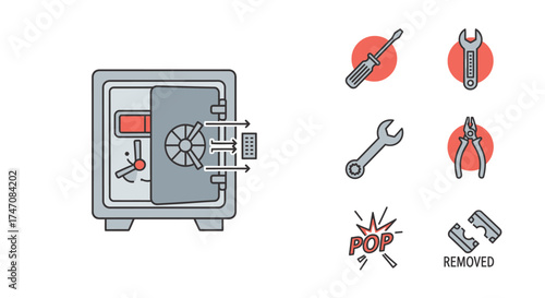 Open Safe Box with Tools and Broken Lock.