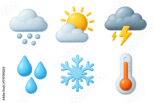 3D Weather Icons Set. Weather icons set of icons in 3D color style: cloud with hail, sun behind cloud, storm cloud, raindrops, snowflake, thermometer,