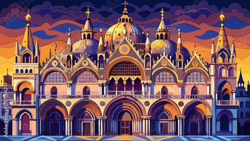 
Very beautiful close-up Western facade of St Mark's Basilica (Basilika di San Marco) in the evening, Venice, Italy