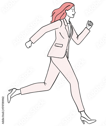 スーツ姿で走る女性の線画イラスト,ビジネス,キャリア,スピード,急ぐ