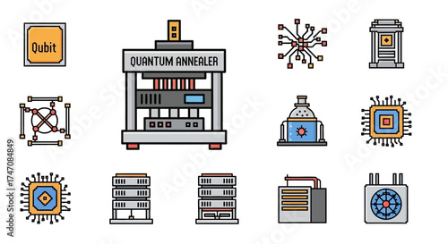 Quantum Computing and Technology Icons - Qubit, Annealer, and Server Hardware.