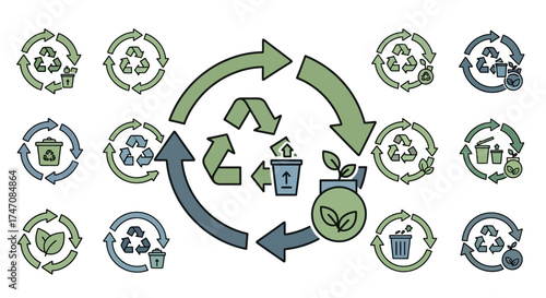 Recycling symbols and icons illustrating environmental sustainability and waste management processes.