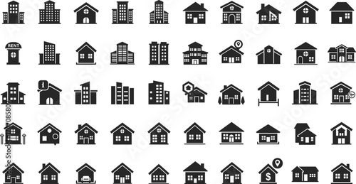Real estate and building icon set, house architecture, apartment, home property, rent and sale, residential, commercial, urban construction, housing, vector illustration