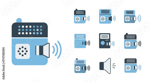 Set of flat design radio and walkie talkie icons with sound waves.