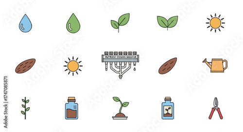 Set of hand drawn icons for gardening plant care and Judaism.