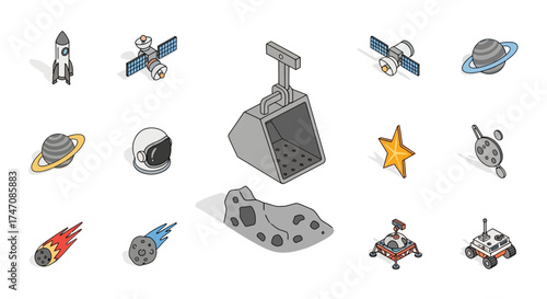 Set of Hand Drawn Isometric Space Exploration Icons.