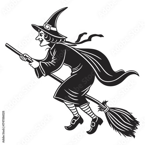 Black silhouette witch flying on broomstick icon vector