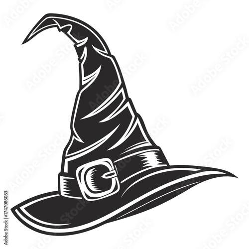 Black witch hat icon pointy shape with curved brim
